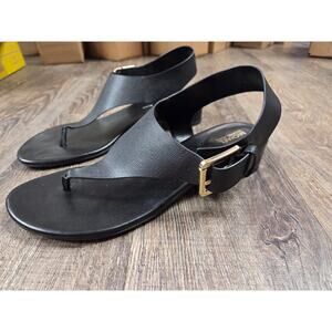 MICHAEL MK Kors Robyn Leather Sandal Black Thong Heel Sandals Gold Hardware 8.5M